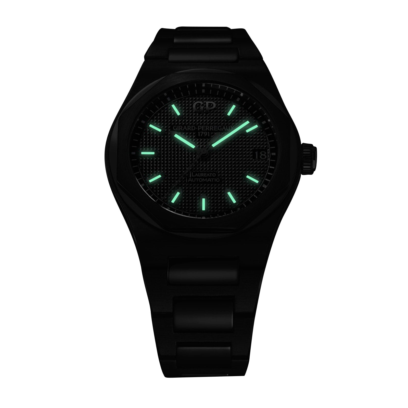 The Girard-Perregaux Laureato 42 is a black wristwatch with a dark face, glowing green hour markers and hands, and an octagonal bezel, shown against a plain white background.