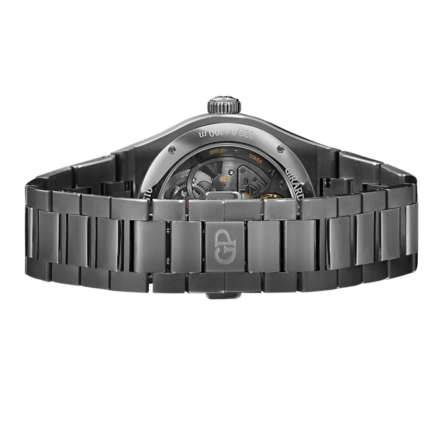 The Girard-Perregaux Laureato Skeleton is shown from the back, highlighting its stainless steel case, octagonal bezel, transparent case back, and visible skeletonized mechanical movement inside.