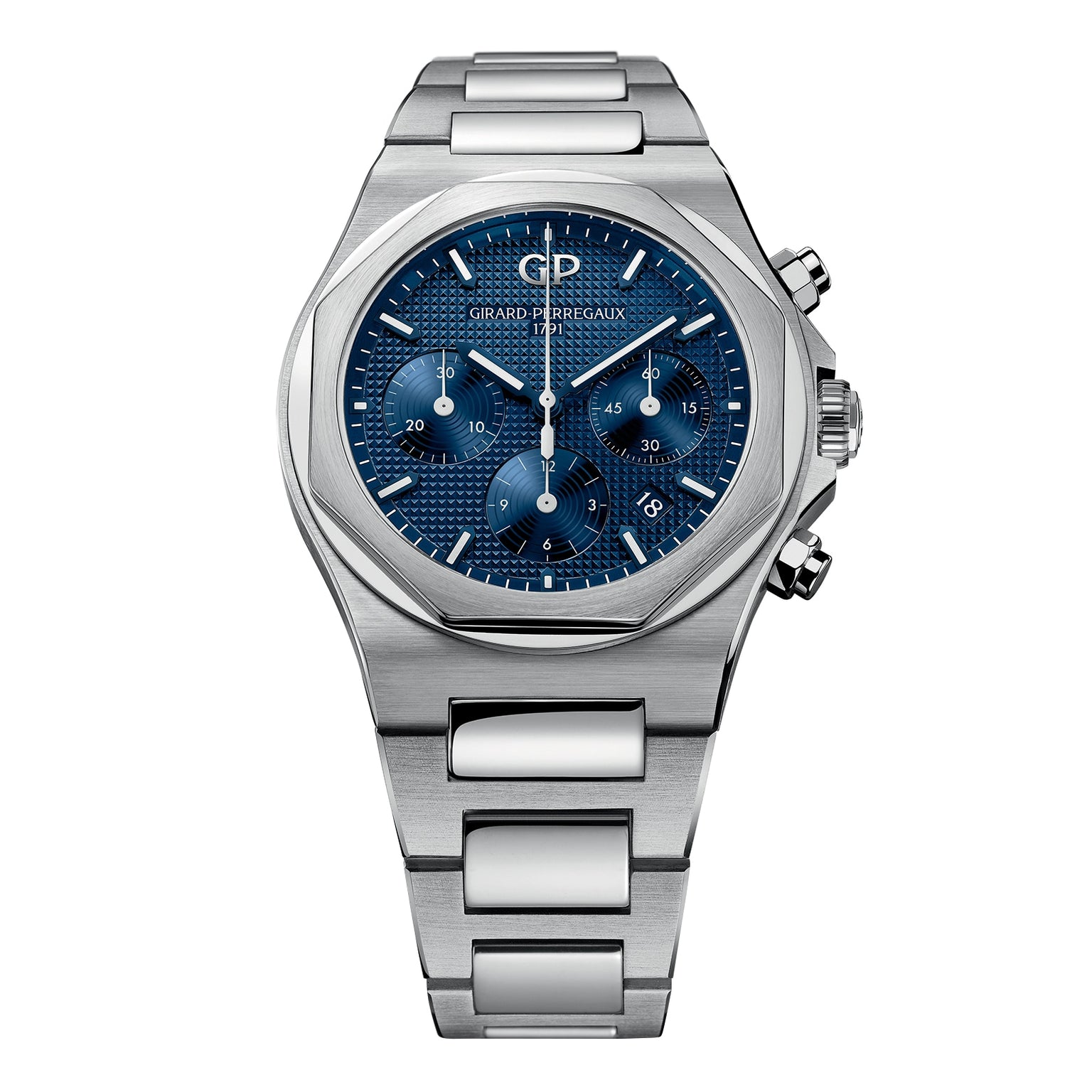 The Girard-Perregaux Laureato Chronograph 42 features a durable 904L steel case, octagonal bezel, blue textured dial with three sub-dials, silver hour markers, and a metal bracelet.
