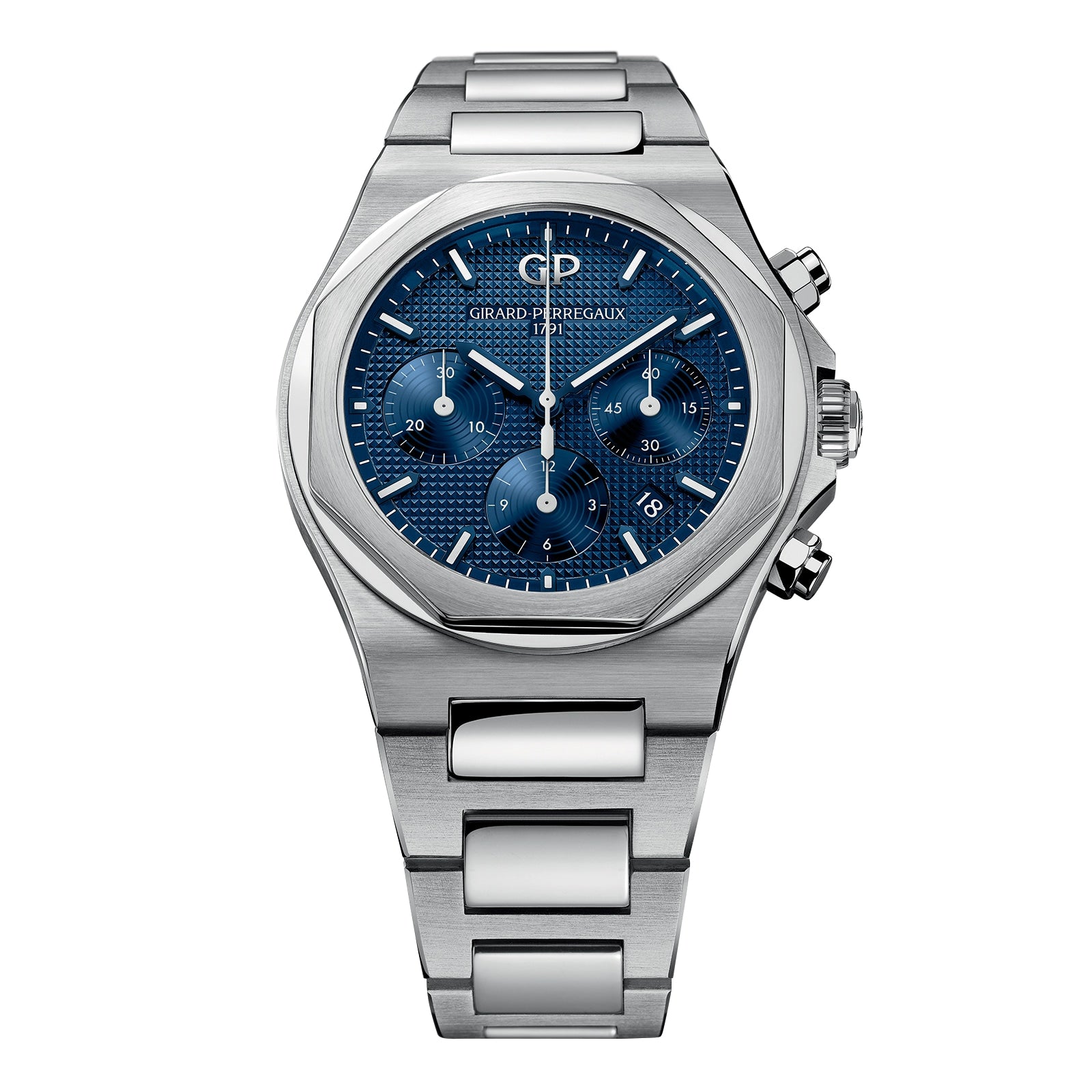 The Girard-Perregaux Laureato Chronograph 42 features a durable 904L steel case, octagonal bezel, blue textured dial with three sub-dials, silver hour markers, and a metal bracelet.