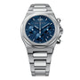 The Girard-Perregaux Laureato Chronograph 42 features a durable 904L steel case, octagonal bezel, blue textured dial with three sub-dials, silver hour markers, and a metal bracelet.