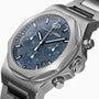 A close-up of the Girard-Perregaux Laureato Chronograph 42 showcases its textured blue dial, octagonal bezel, three subdials, silver hour markers, and durable 904L steel case.