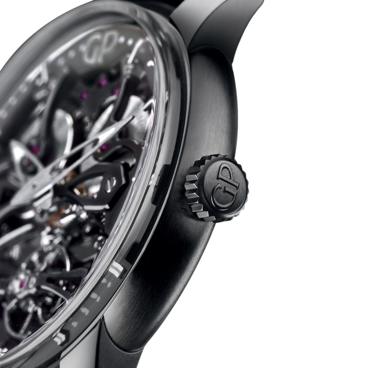 Close-up of the Girard-Perregaux Neo Bridges luxury skeleton watch, showcasing visible internal gears and a crown engraved with GP.