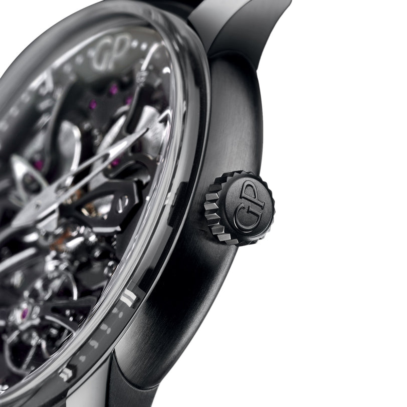 Close-up of the Girard-Perregaux Neo Bridges luxury skeleton watch, showcasing visible internal gears and a crown engraved with GP.