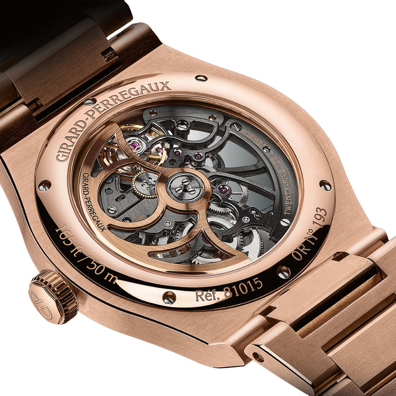 Close-up of the Girard-Perregaux Laureato Skeleton, featuring its open-worked mechanical movement visible through a transparent caseback and the signature octagonal bezel.