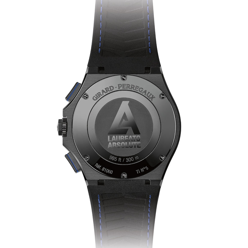 The Girard-Perregaux Laureato Absolute Chronograph showcases an engraved caseback, a blue-stitched black strap, and a durable black PVD-treated titanium case.