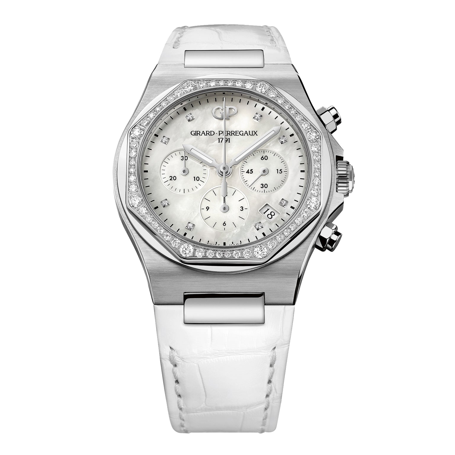 The Girard-Perregaux Laureato Chronograph 38 features a silver-tone octagonal bezel, diamond accents, mother-of-pearl dial with three subdials, date window, and a white leather strap.