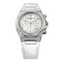 The Girard-Perregaux Laureato Chronograph 38 features a silver-tone octagonal bezel, diamond accents, mother-of-pearl dial with three subdials, date window, and a white leather strap.