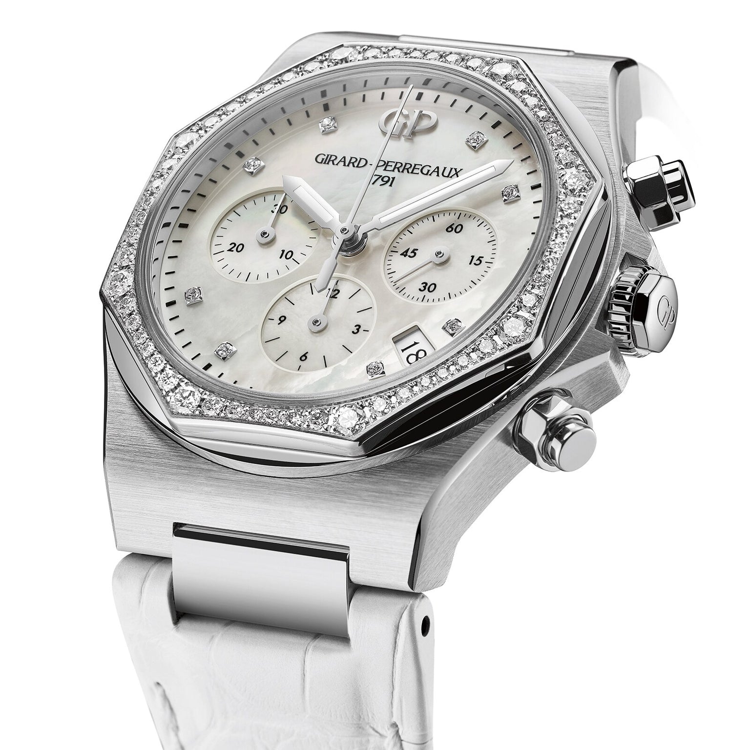The Girard-Perregaux Laureato Chronograph 38 boasts an iconic octagonal bezel, diamond accents, mother-of-pearl dial with three subdials, date display, and a white leather strap.