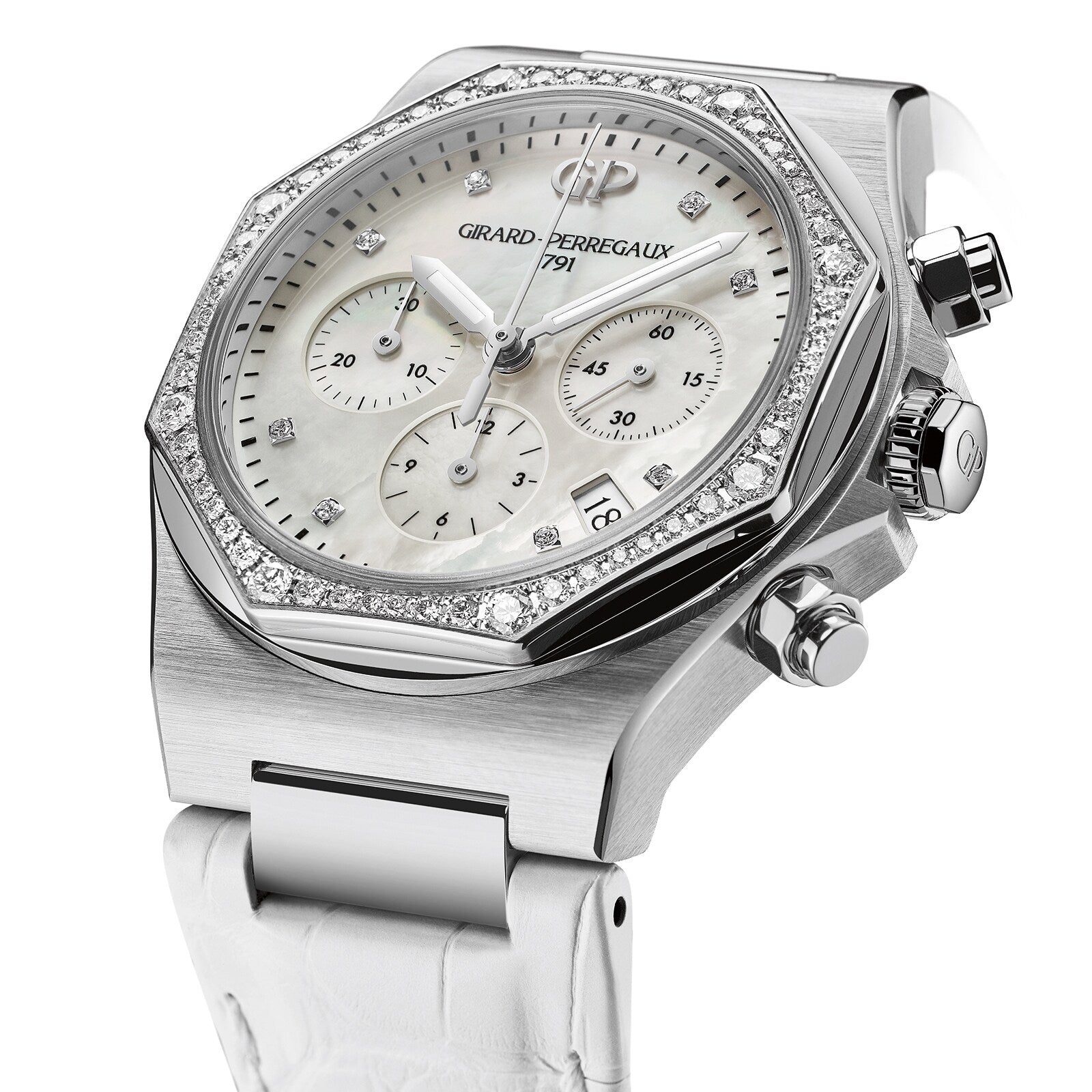 The Girard-Perregaux Laureato Chronograph 38 boasts an iconic octagonal bezel, diamond accents, mother-of-pearl dial with three subdials, date display, and a white leather strap.