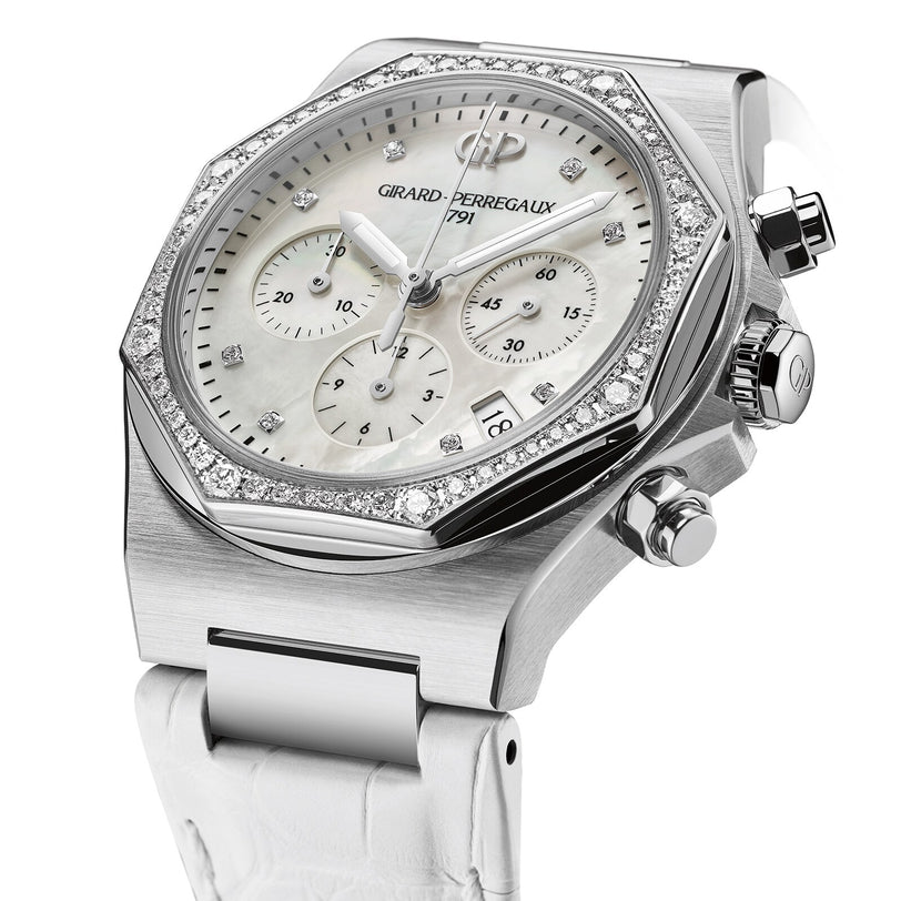 The Girard-Perregaux Laureato Chronograph 38 boasts an iconic octagonal bezel, diamond accents, mother-of-pearl dial with three subdials, date display, and a white leather strap.