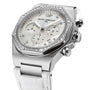 The Girard-Perregaux Laureato Chronograph 38 boasts an iconic octagonal bezel, diamond accents, mother-of-pearl dial with three subdials, date display, and a white leather strap.