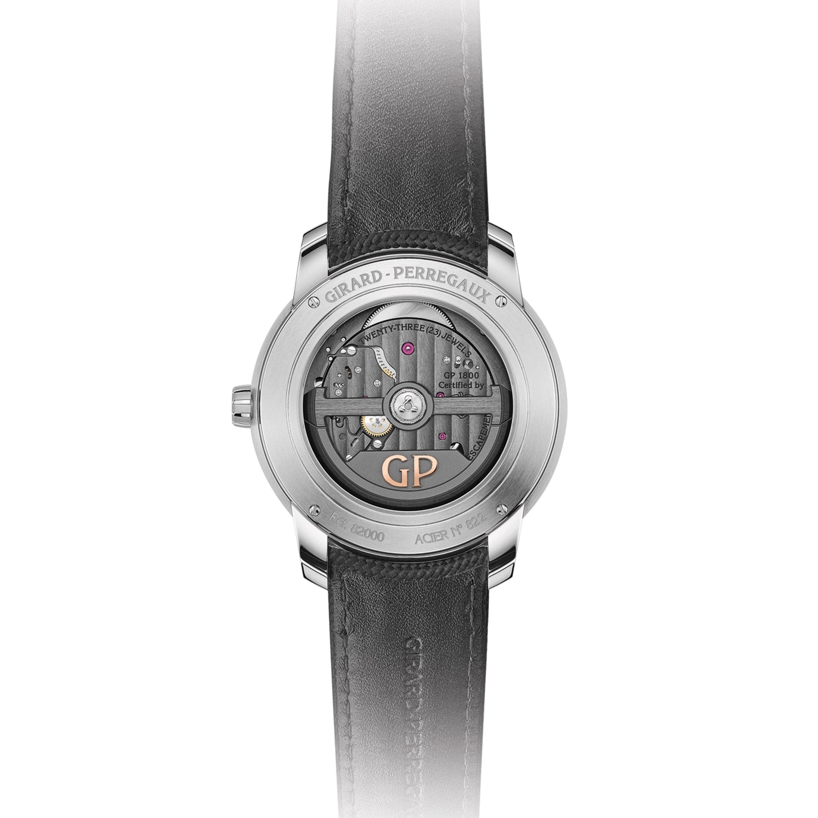 The back of the Girard-Perregaux Free Bridge highlights its automatic movement, engraved accents, and a refined black leather strap.
