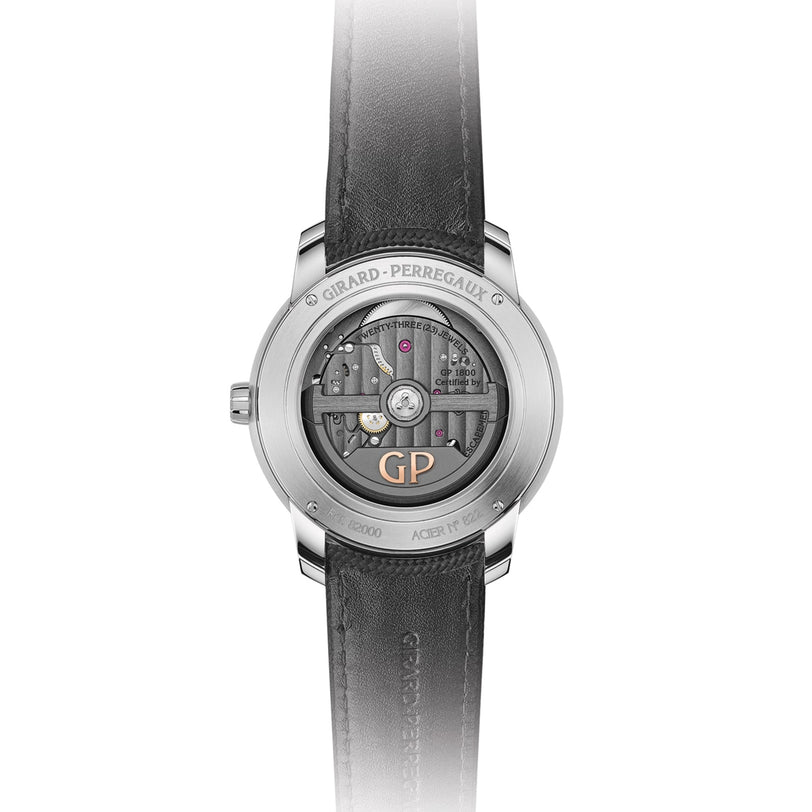 The back of the Girard-Perregaux Free Bridge highlights its automatic movement, engraved accents, and a refined black leather strap.