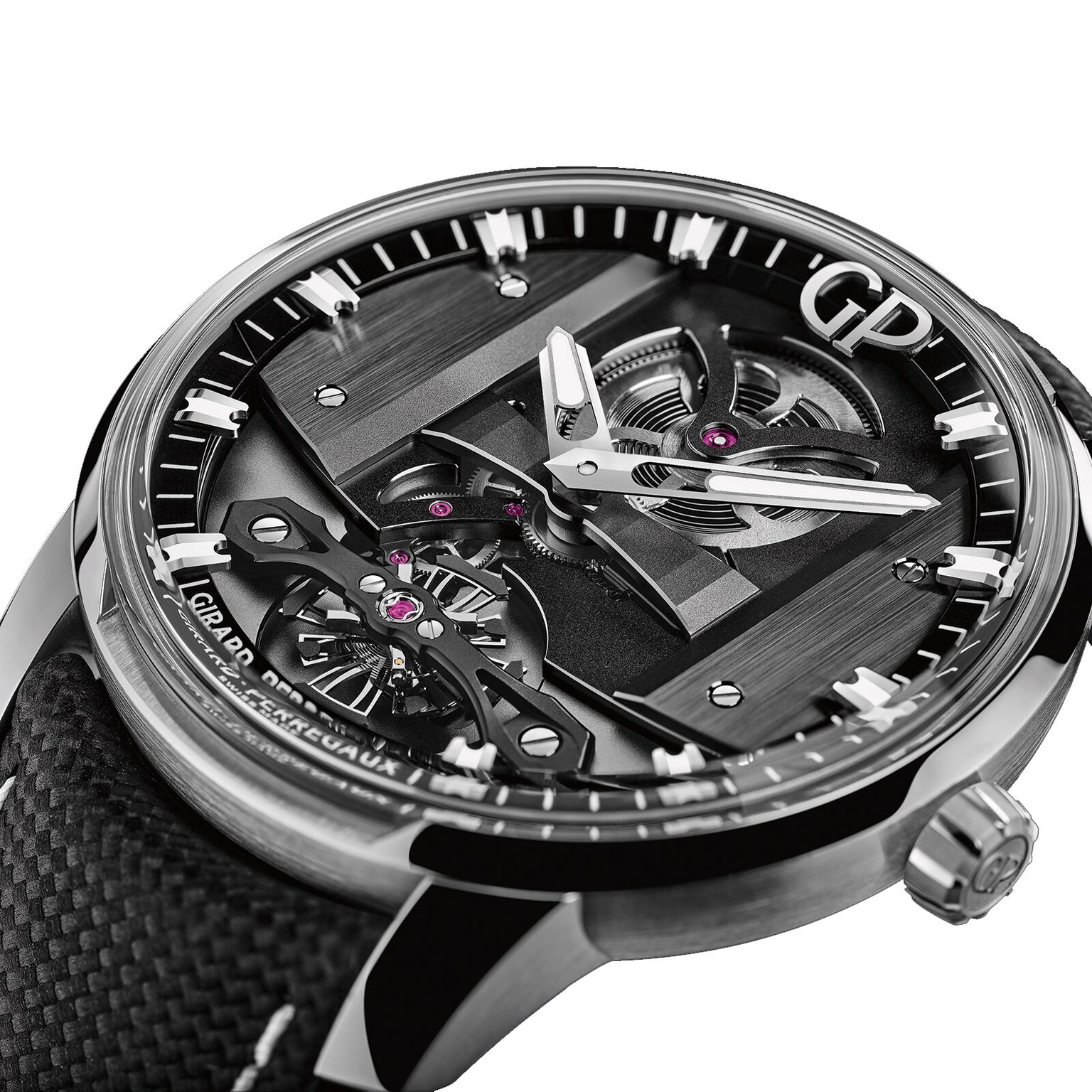 Close-up of the Girard-Perregaux Free Bridge wristwatch, showcasing a black open-worked dial with visible automatic movement and GP initials, paired with a textured black strap.
