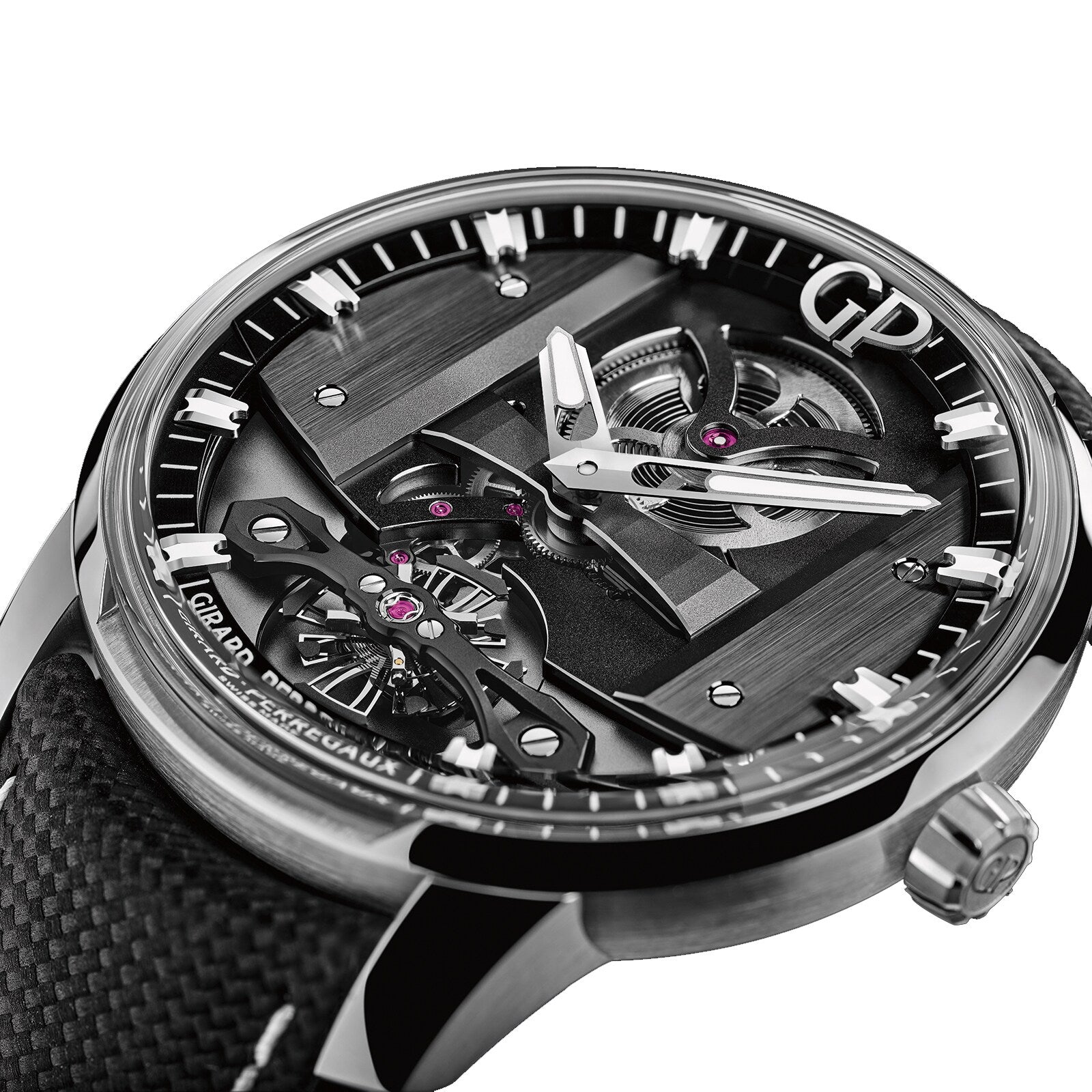 Close-up of the Girard-Perregaux Free Bridge wristwatch, showcasing a black open-worked dial with visible automatic movement and GP initials, paired with a textured black strap.