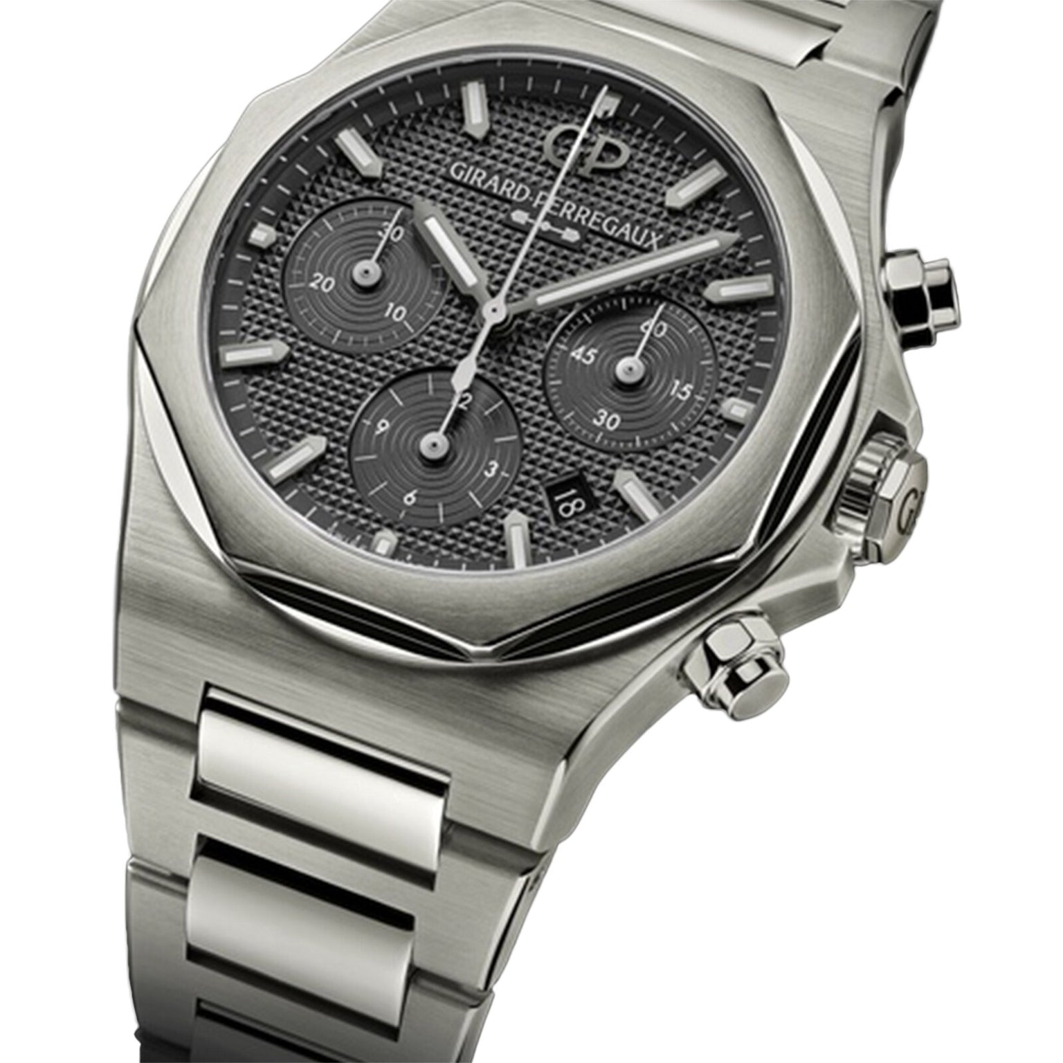 The Girard-Perregaux Laureato Chronograph Ti49 is an iconic wristwatch featuring a black textured dial, three subdials, and a date window.