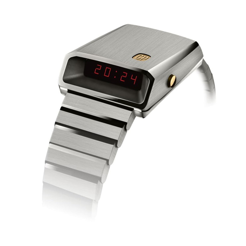 The Girard-Perregaux Casquette 2.0 Titanium & Gold features a digital red LED display showing 20:24, set against a white background.