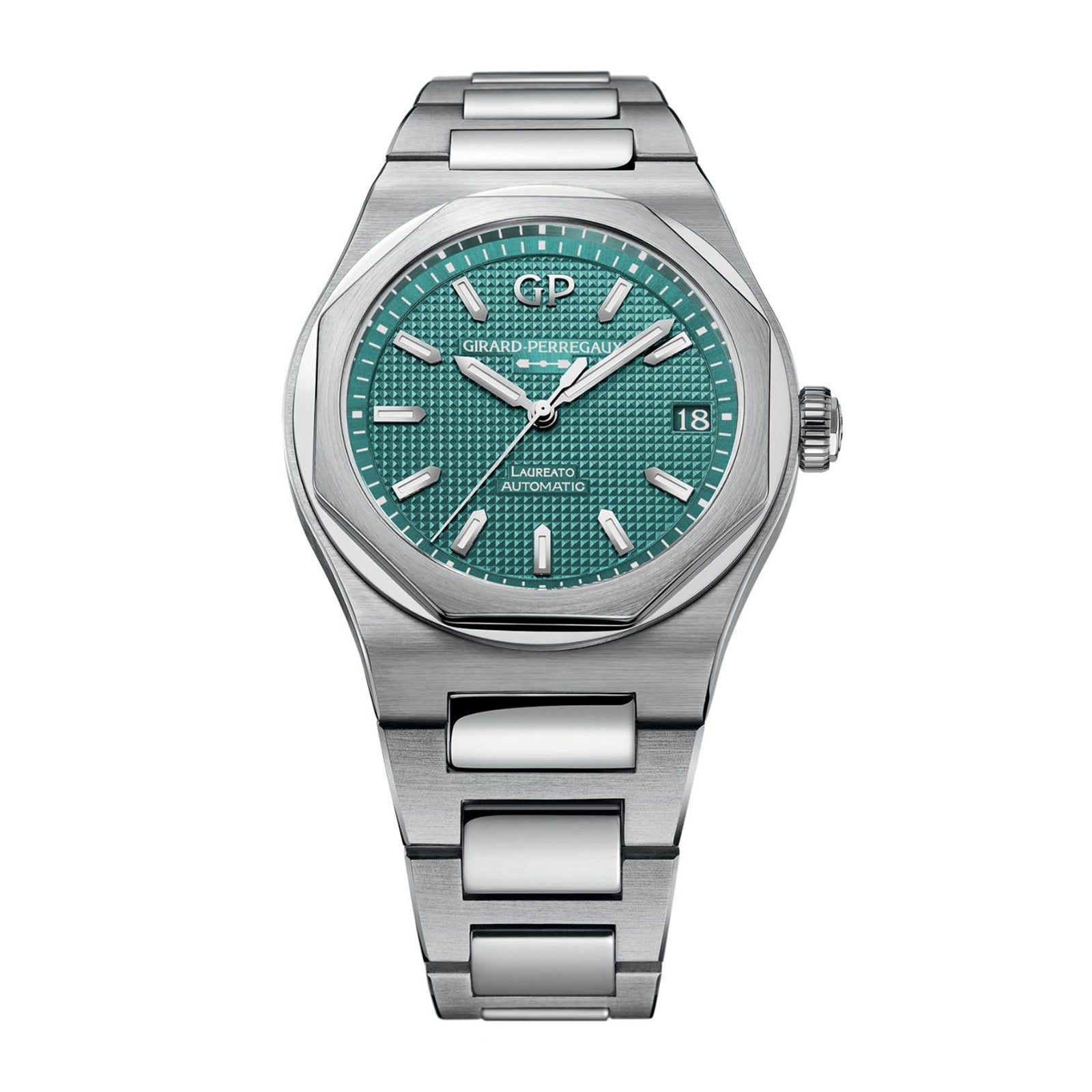 The Girard-Perregaux Laureato Fifty 42 Watches of Switzerland Exclusive features a green textured dial, silver markers and hands, date at 3 o’clock, and a steel bracelet, all in a sleek silver-tone 42 mm stainless steel case.