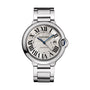 The Ballon Bleu de Cartier by Cartier is a silver wristwatch with a steel case, round face, Roman numerals, blue hands, date at 3 oclock, and a metal link bracelet.