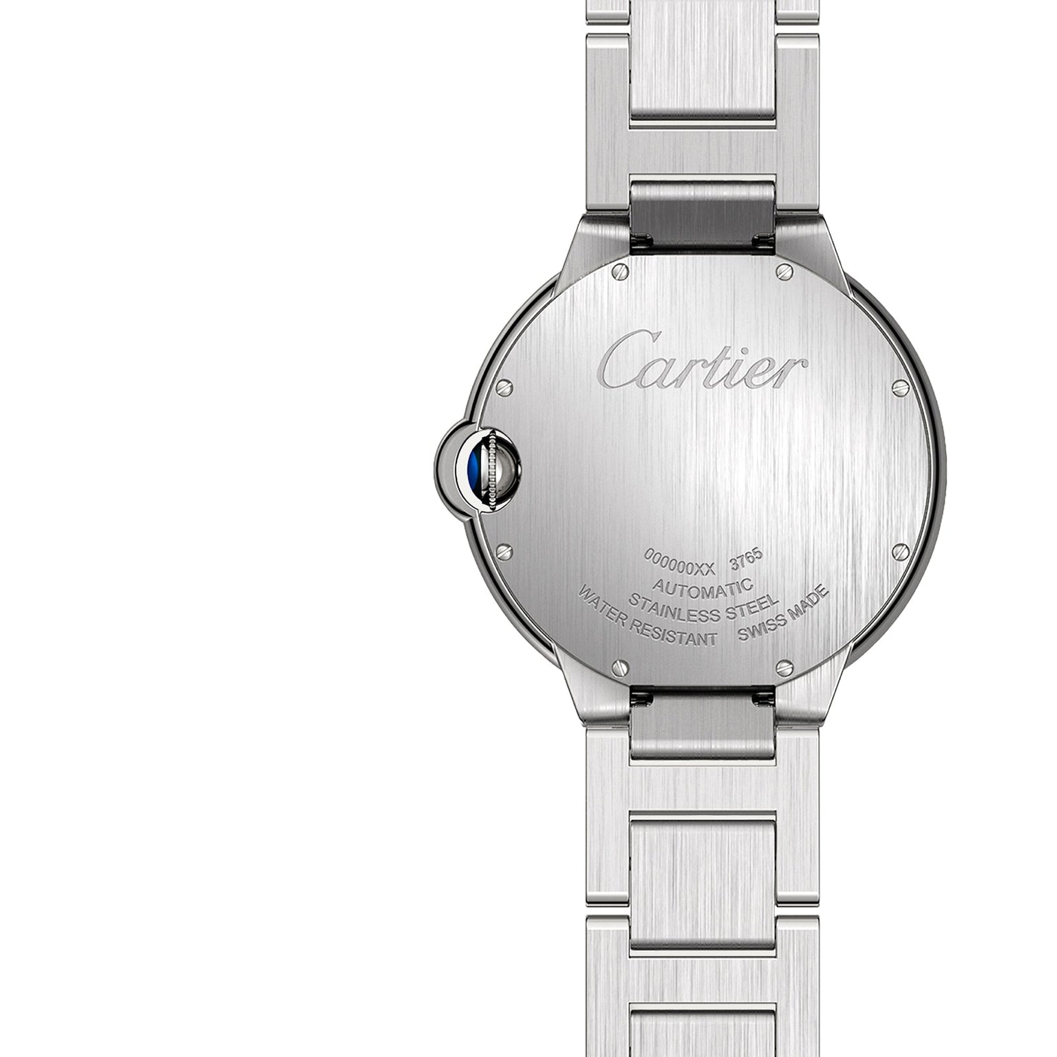Back view of the Cartier Ballon Bleu de Cartier watch, highlighting its steel case, engraved brand name, self-winding movement, water resistance details, and Swiss made inscription.