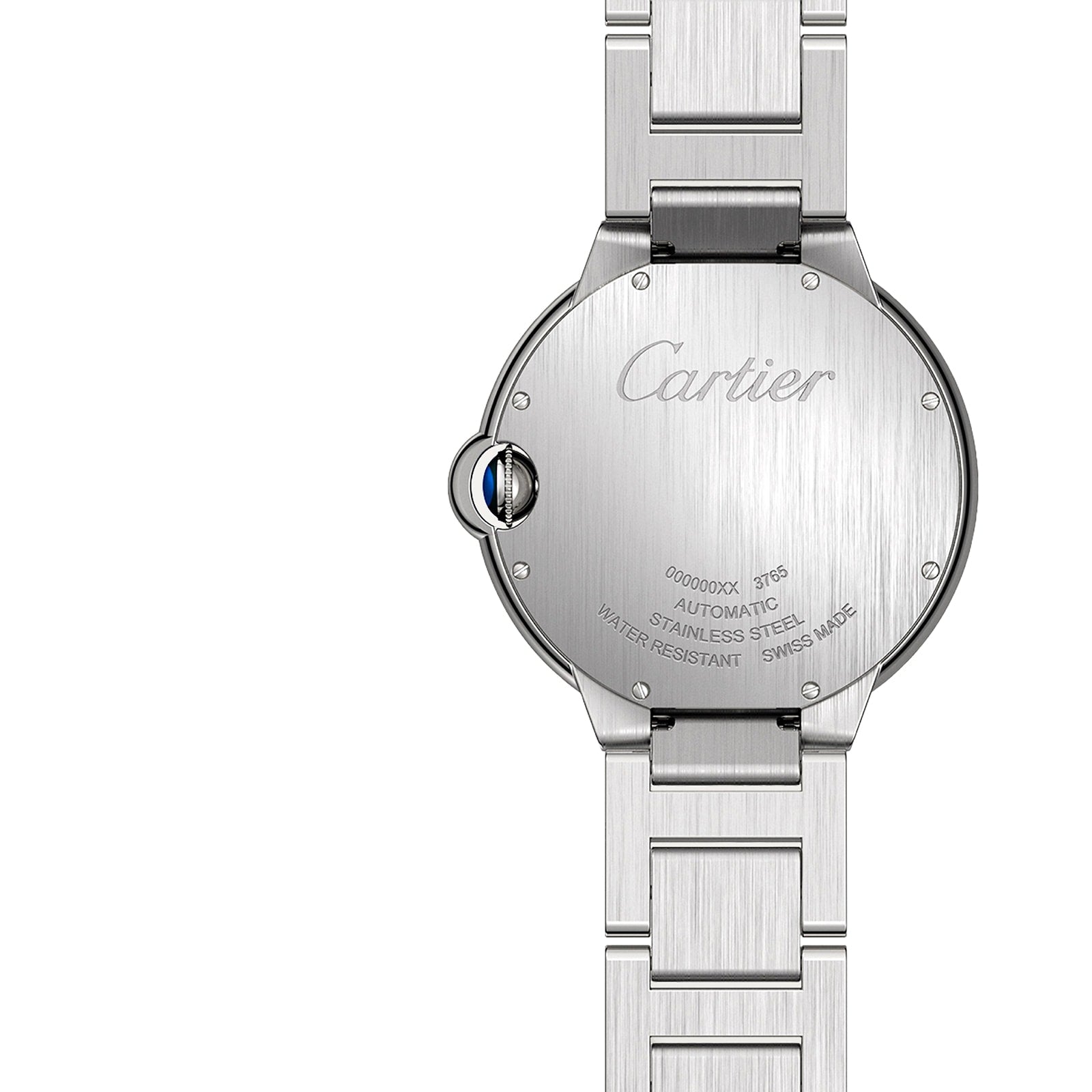 Back view of the Cartier Ballon Bleu de Cartier watch, highlighting its steel case, engraved brand name, self-winding movement, water resistance details, and Swiss made inscription.