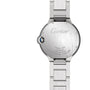 Back view of the Cartier Ballon Bleu de Cartier watch, highlighting its steel case, engraved brand name, self-winding movement, water resistance details, and Swiss made inscription.