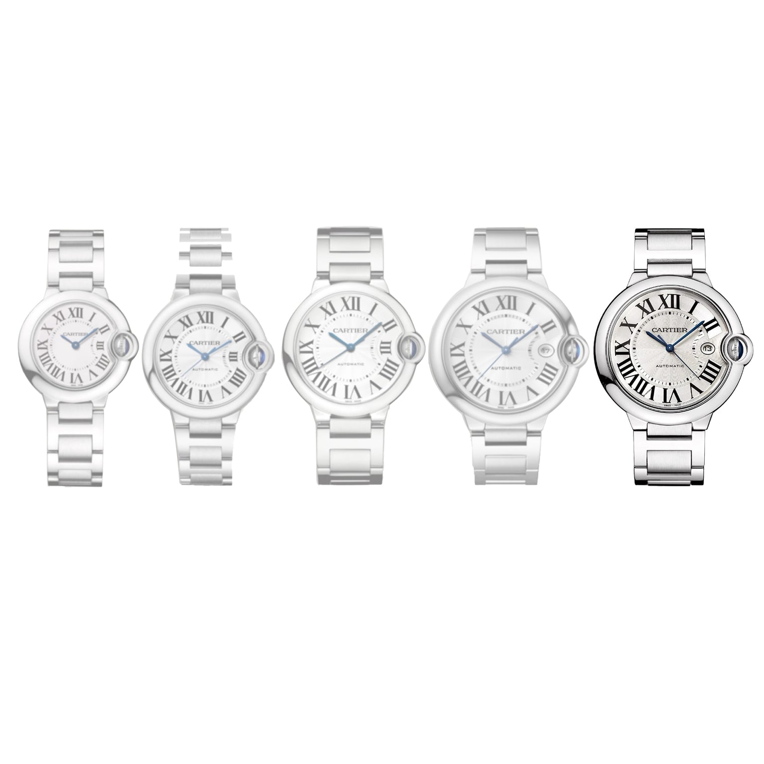 Five Cartier Ballon Bleu de Cartier watches are displayed in a row, each with a silver case, white face, Roman numeral markers, and subtle design variations characteristic of this elegant collection.