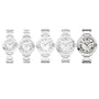 Five Cartier Ballon Bleu de Cartier watches are displayed in a row, each with a silver case, white face, Roman numeral markers, and subtle design variations characteristic of this elegant collection.