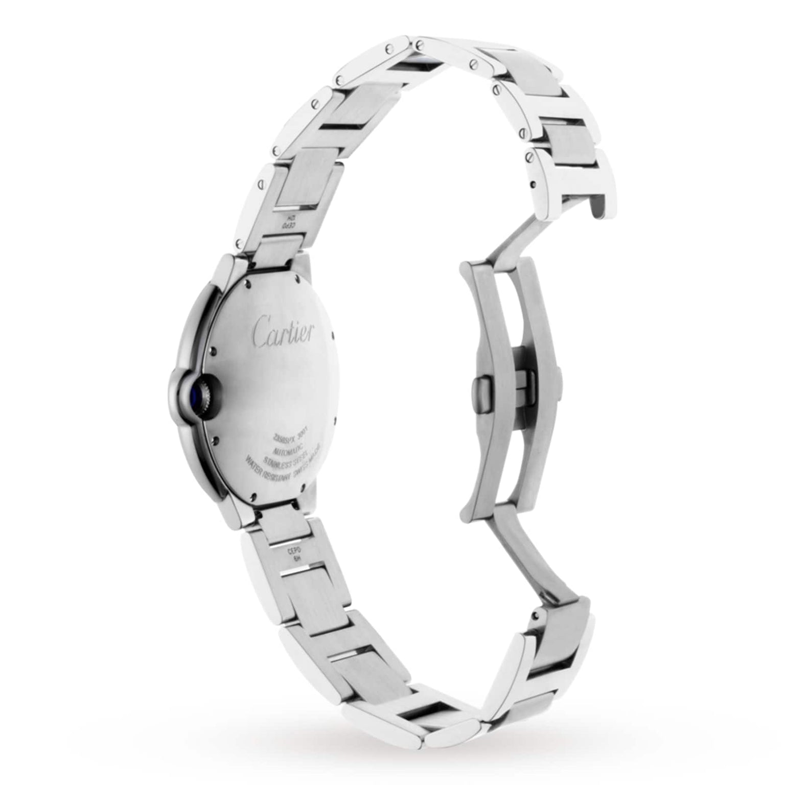 A silver metal Cartier Ballon Bleu de Cartier wristwatch is shown with its clasp open, revealing the back of the steel case and bracelet links.
