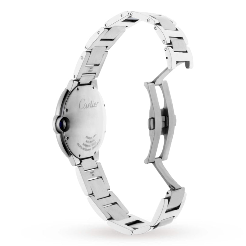 A silver metal Cartier Ballon Bleu de Cartier wristwatch is shown with its clasp open, revealing the back of the steel case and bracelet links.