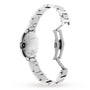 A silver metal Cartier Ballon Bleu de Cartier wristwatch is shown with its clasp open, revealing the back of the steel case and bracelet links.