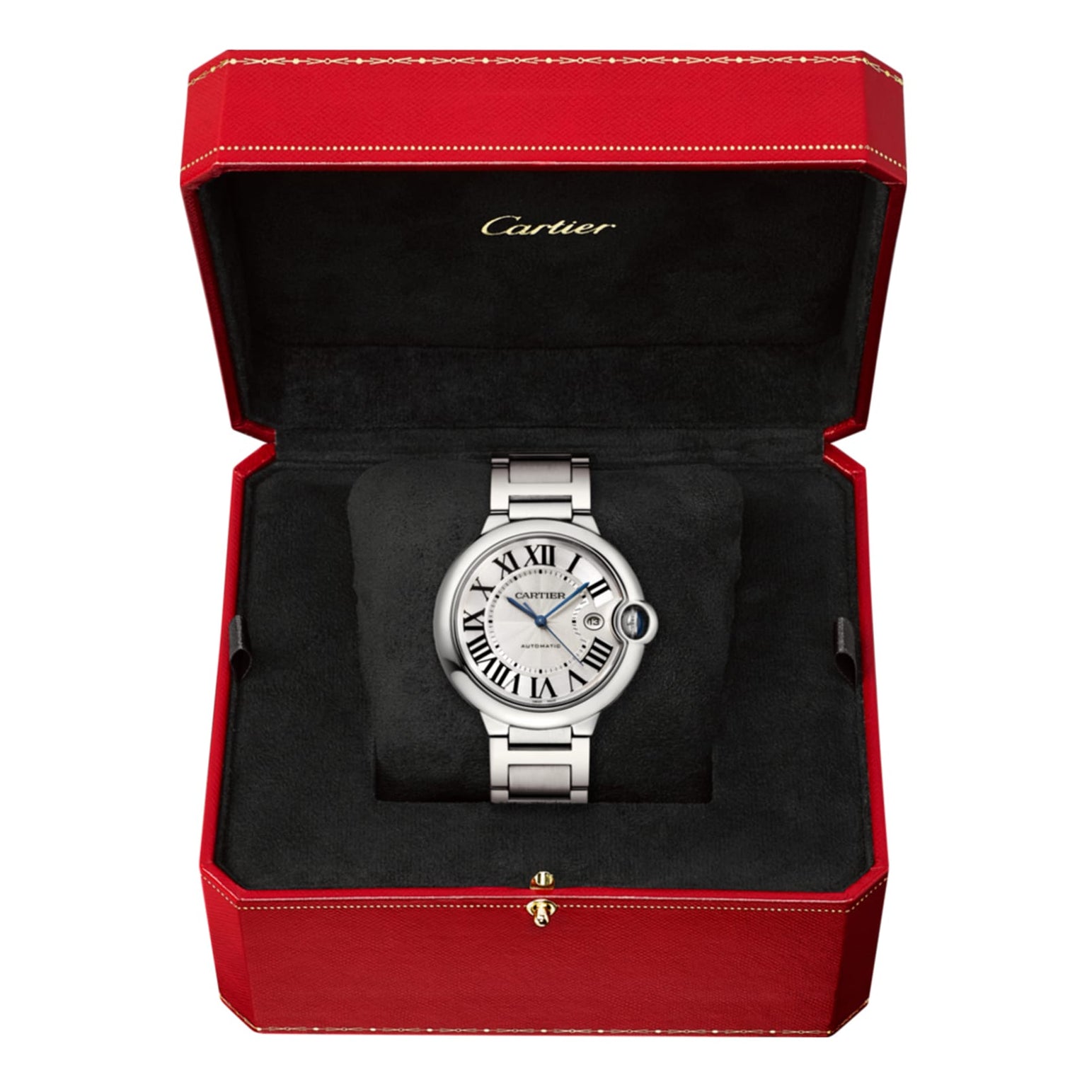 A Ballon Bleu de Cartier wristwatch by Cartier with a silver metal band, steel case, and Roman numeral face is shown in an open red Cartier box with a black interior; it features a self-winding mechanical movement.