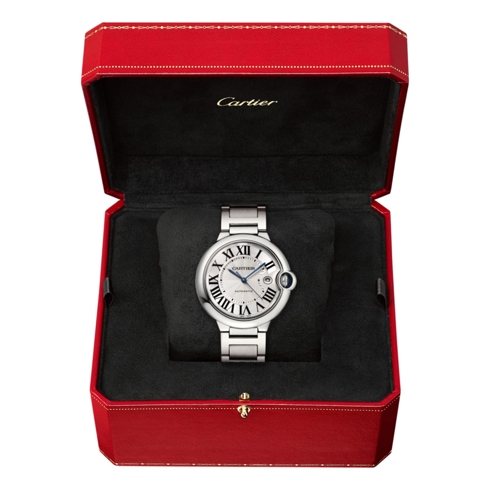 A Ballon Bleu de Cartier wristwatch by Cartier with a silver metal band, steel case, and Roman numeral face is shown in an open red Cartier box with a black interior; it features a self-winding mechanical movement.