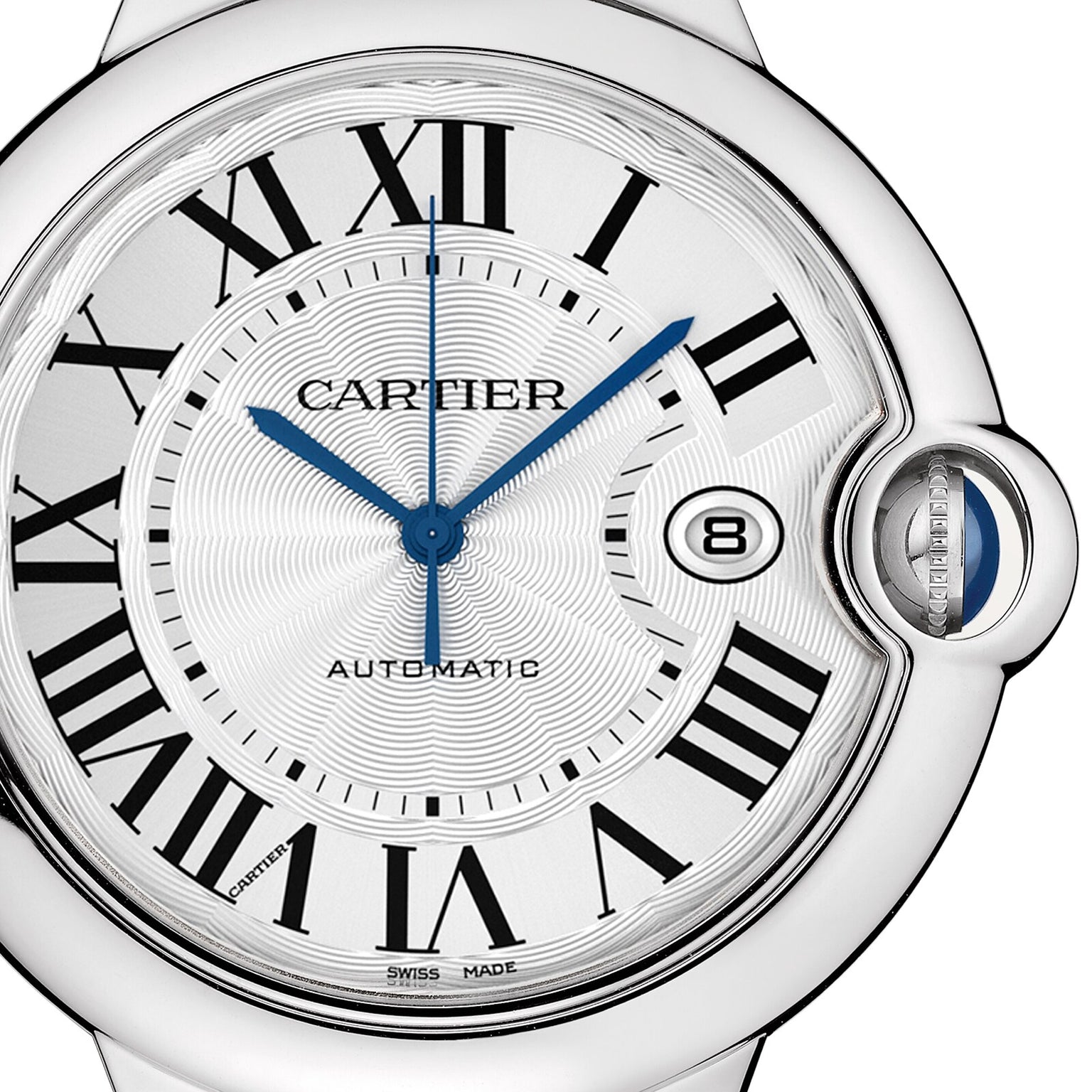 Close-up of the Ballon Bleu de Cartier by Cartier, showing a steel case, Roman numerals, blue hands, date window at 3 o’clock, and Cartier in the center.