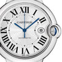 Close-up of the Ballon Bleu de Cartier by Cartier, showing a steel case, Roman numerals, blue hands, date window at 3 o’clock, and Cartier in the center.