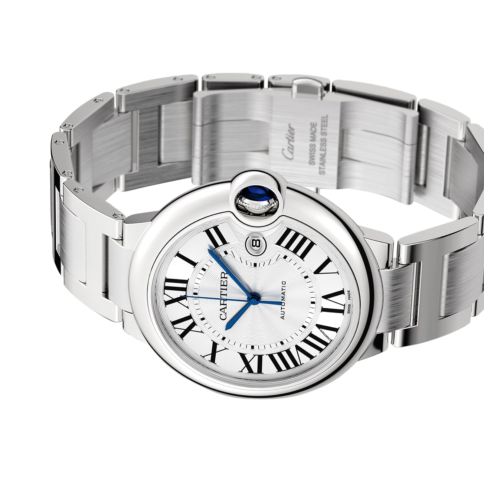 The Ballon Bleu de Cartier by Cartier features a round steel case, Roman numerals, blue cabochon crown, stainless steel bracelet, and a self-winding mechanical movement.