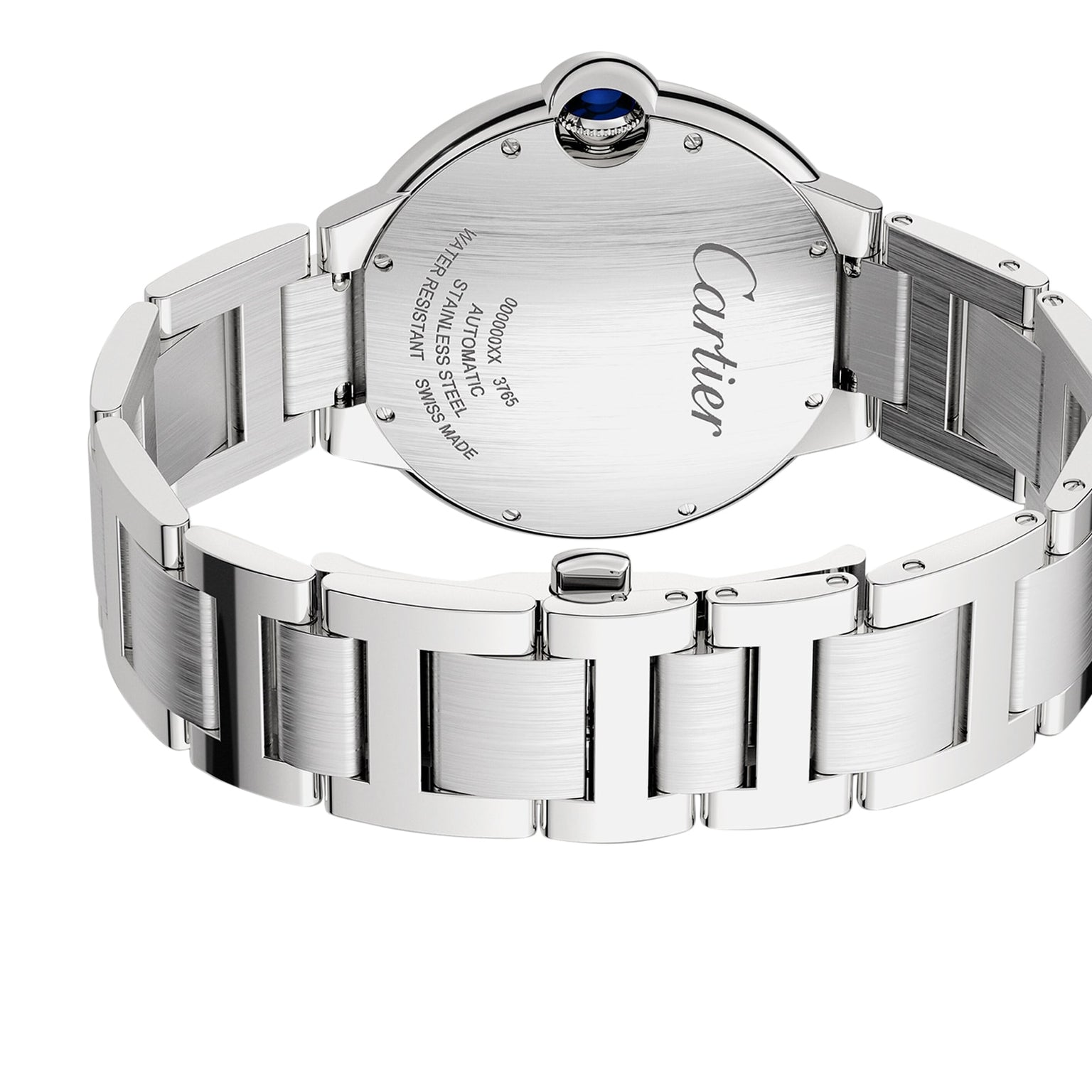 A close-up of the Cartier Ballon Bleu de Cartier steel case shows the engraved logo, specs, and signature blue cabochon crown on this self-winding mechanical wristwatch.