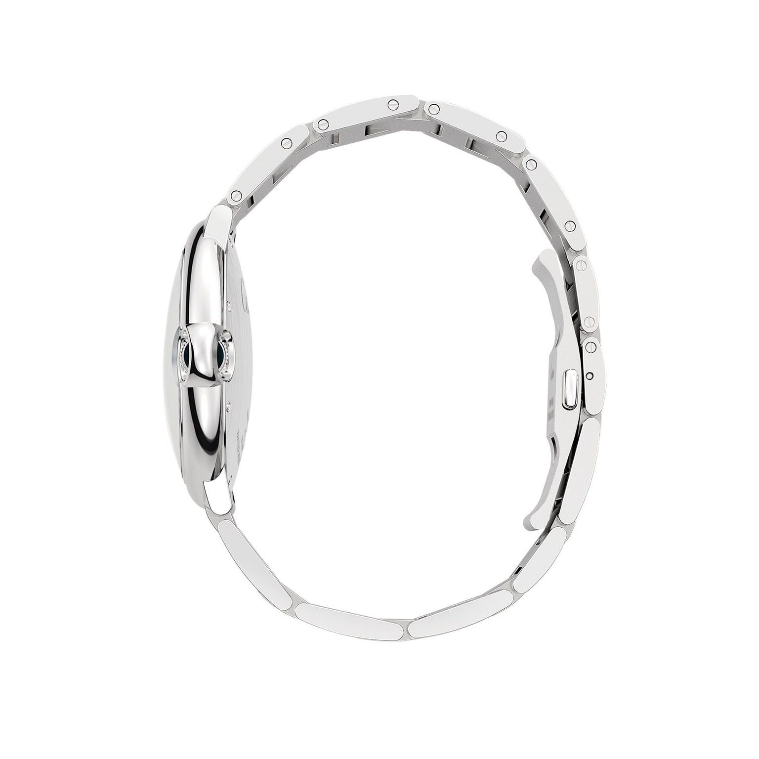 Side view of the Ballon Bleu de Cartier by Cartier, a silver metal wristwatch with a steel case and thin band, highlighting its slim profile and detailed bracelet links.