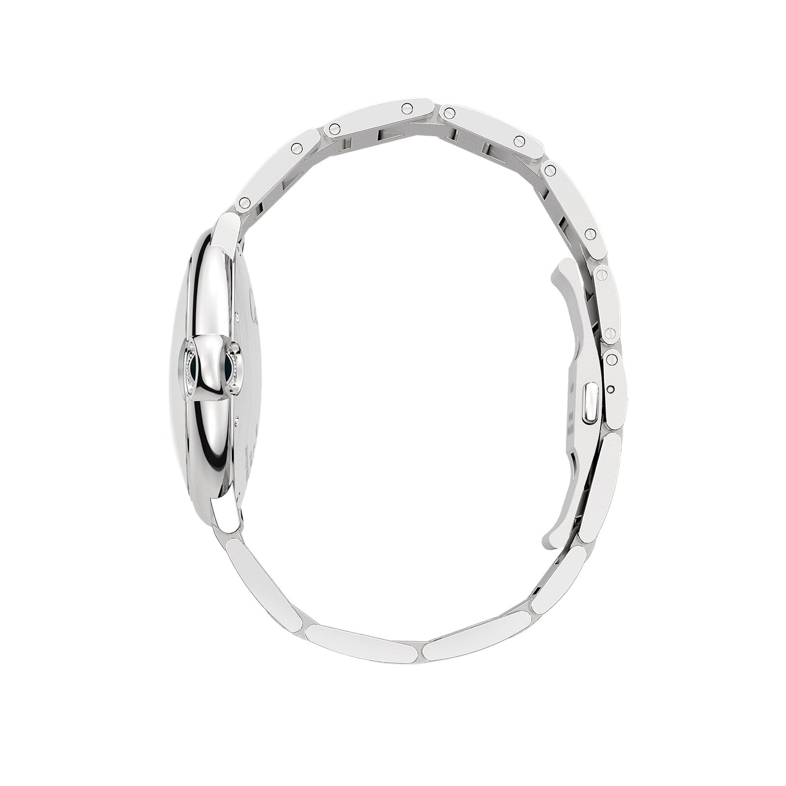 Side view of the Ballon Bleu de Cartier by Cartier, a silver metal wristwatch with a steel case and thin band, highlighting its slim profile and detailed bracelet links.