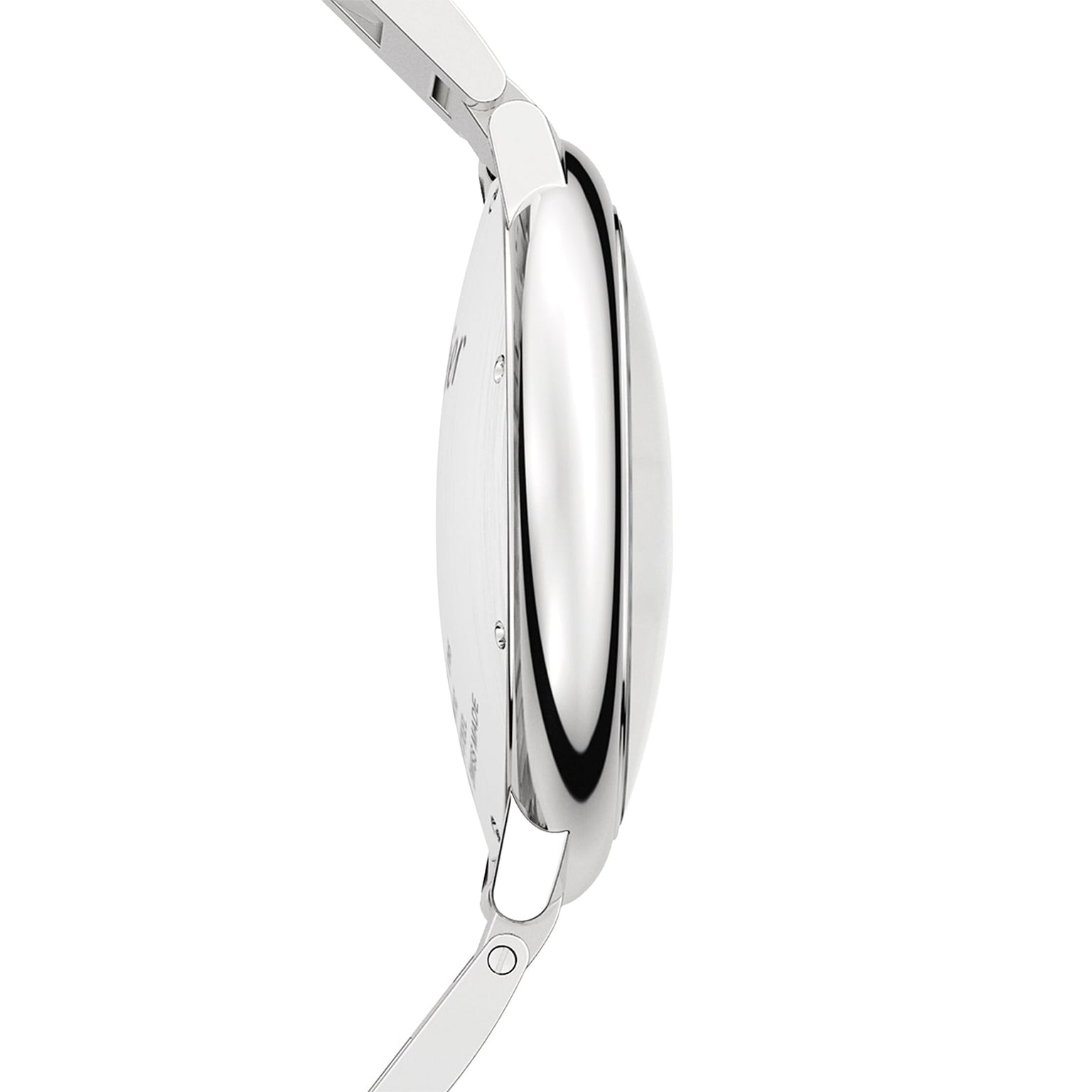 Side view of the Cartier Ballon Bleu de Cartier watch, featuring a slim, rounded steel case and metal band, highlighting its elegant self-winding mechanical movement against a white background.
