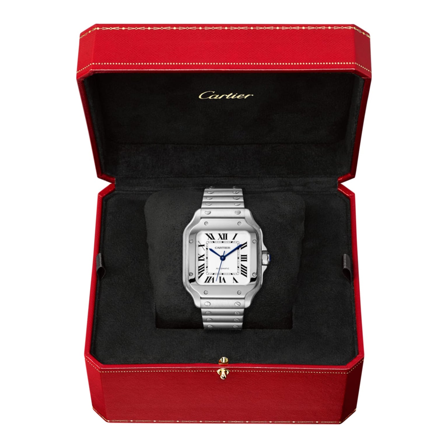 A Santos de Cartier silver wristwatch by Cartier, featuring a square steel case and Roman numerals, is shown in an open red Cartier box with a black interior.