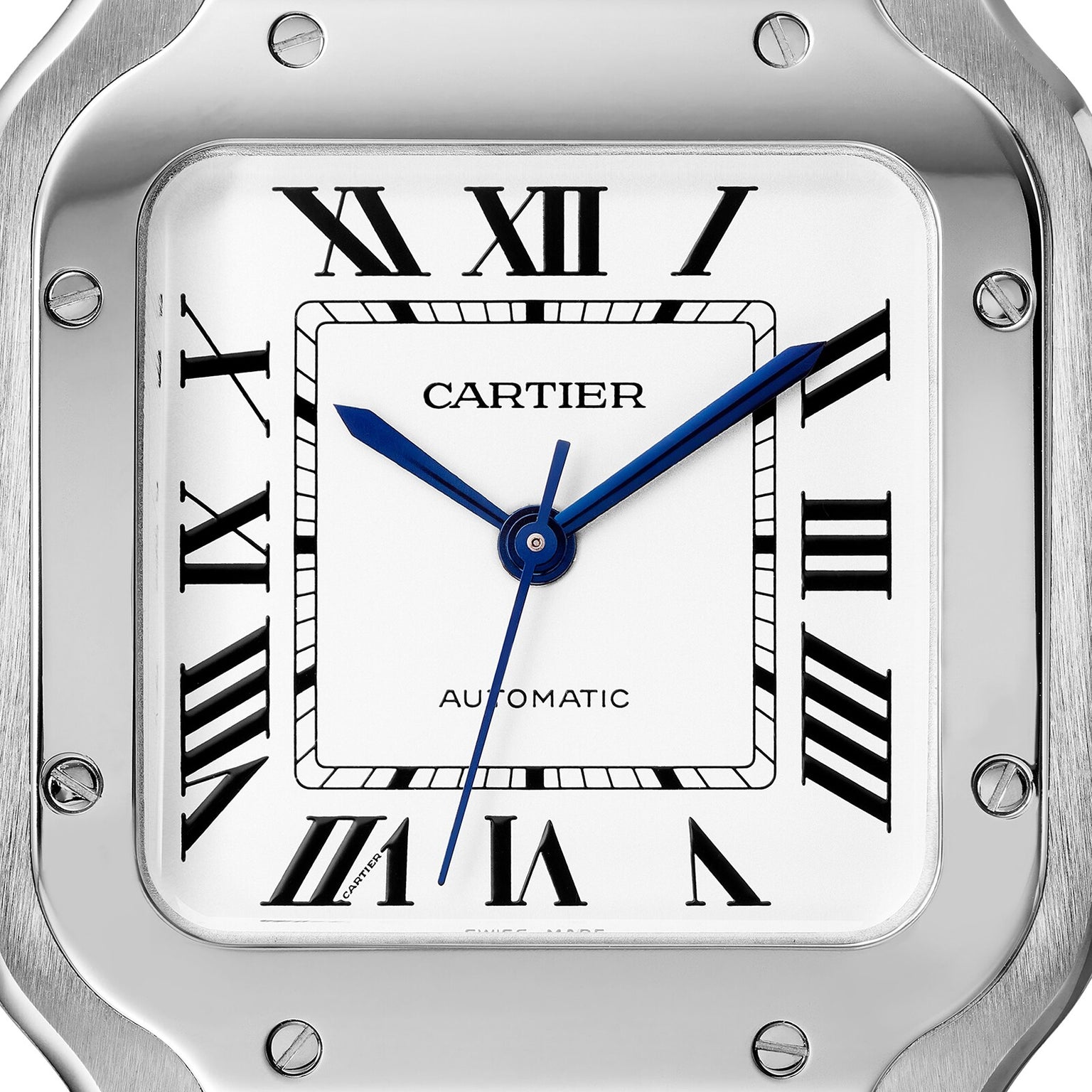 Close-up of the Cartier Santos de Cartier watch face, featuring Roman numerals, blue hands, and a brushed square steel case. The time at about 10:10:37 is powered by the calibre 1847 MC movement.