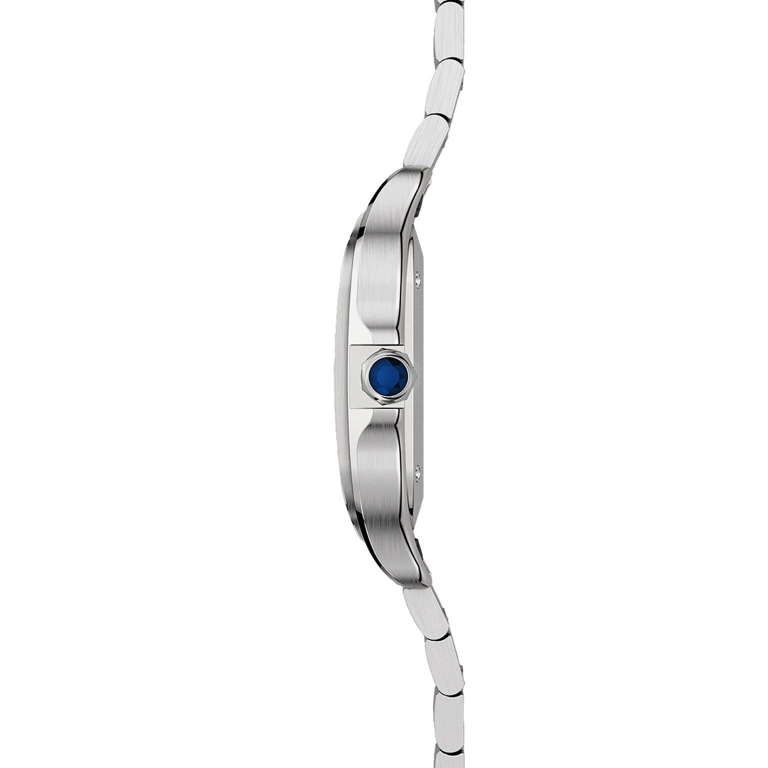 Side view of the Cartier Santos de Cartier wristwatch, showcasing its square steel case, slim profile, blue gem-set crown, and metal link bracelet.