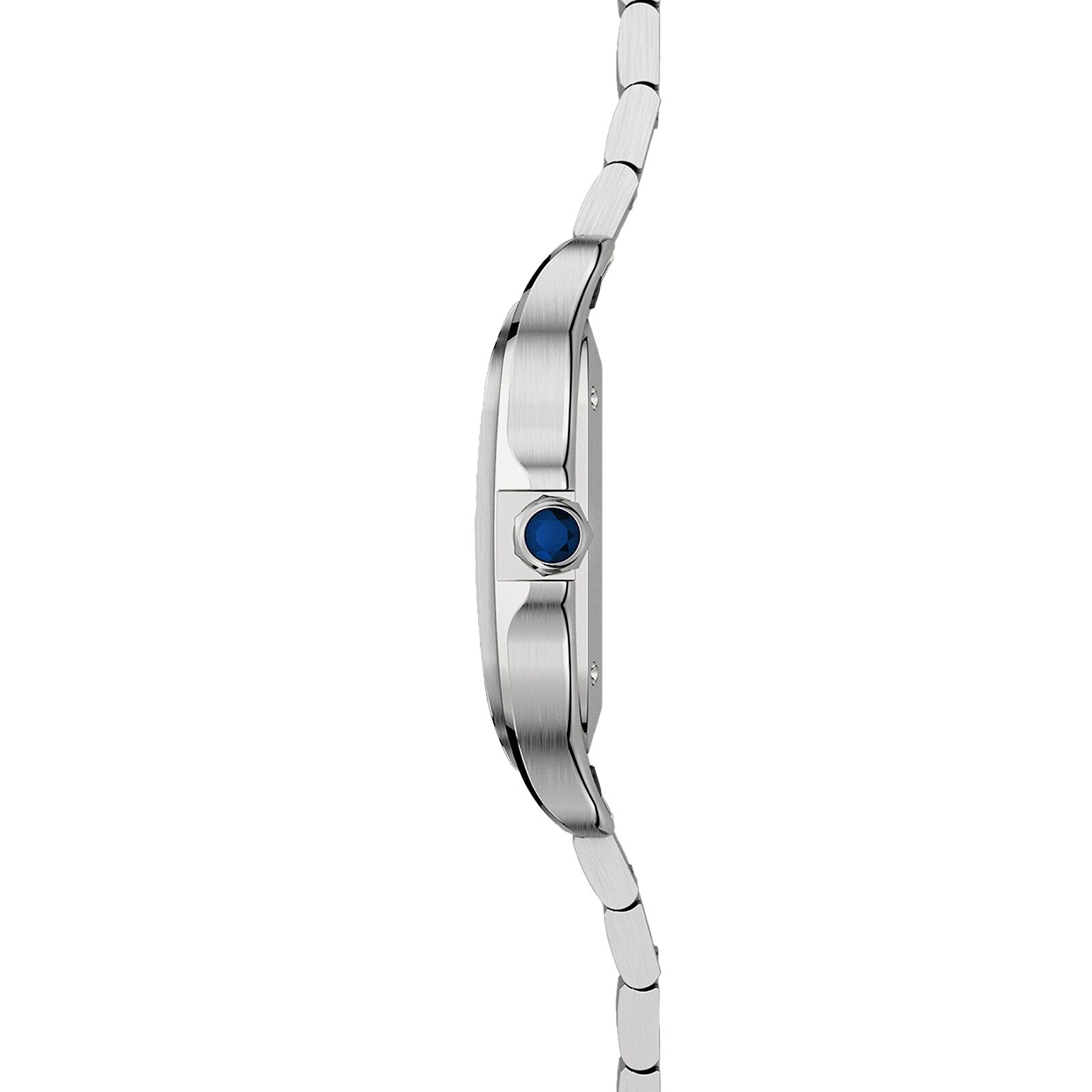 Side view of the Cartier Santos de Cartier wristwatch, showcasing its square steel case, slim profile, blue gem-set crown, and metal link bracelet.