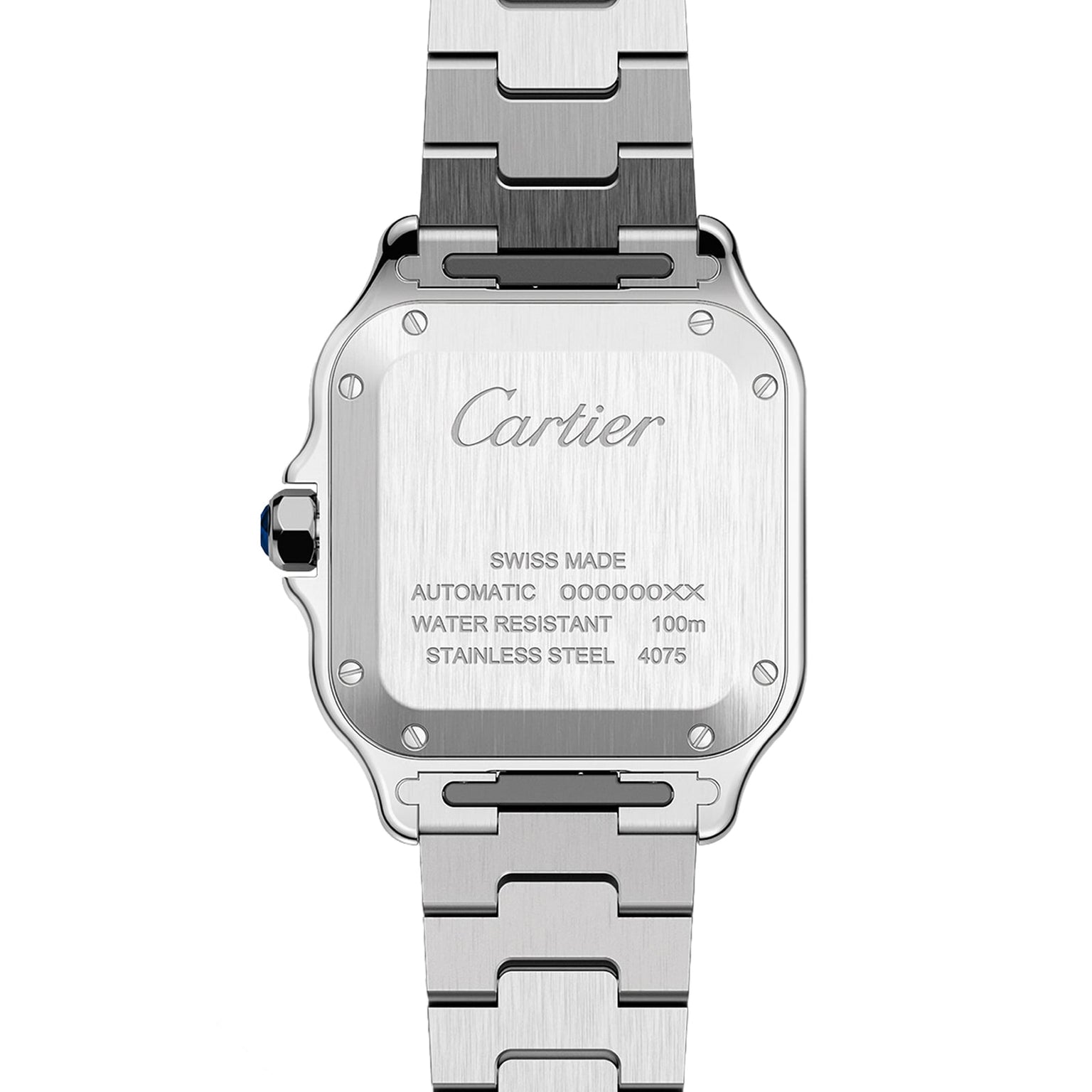 Back view of the Cartier Santos de Cartier watch with a square steel case, engraved brand name, calibre 1847 MC details, and a stainless steel bracelet.