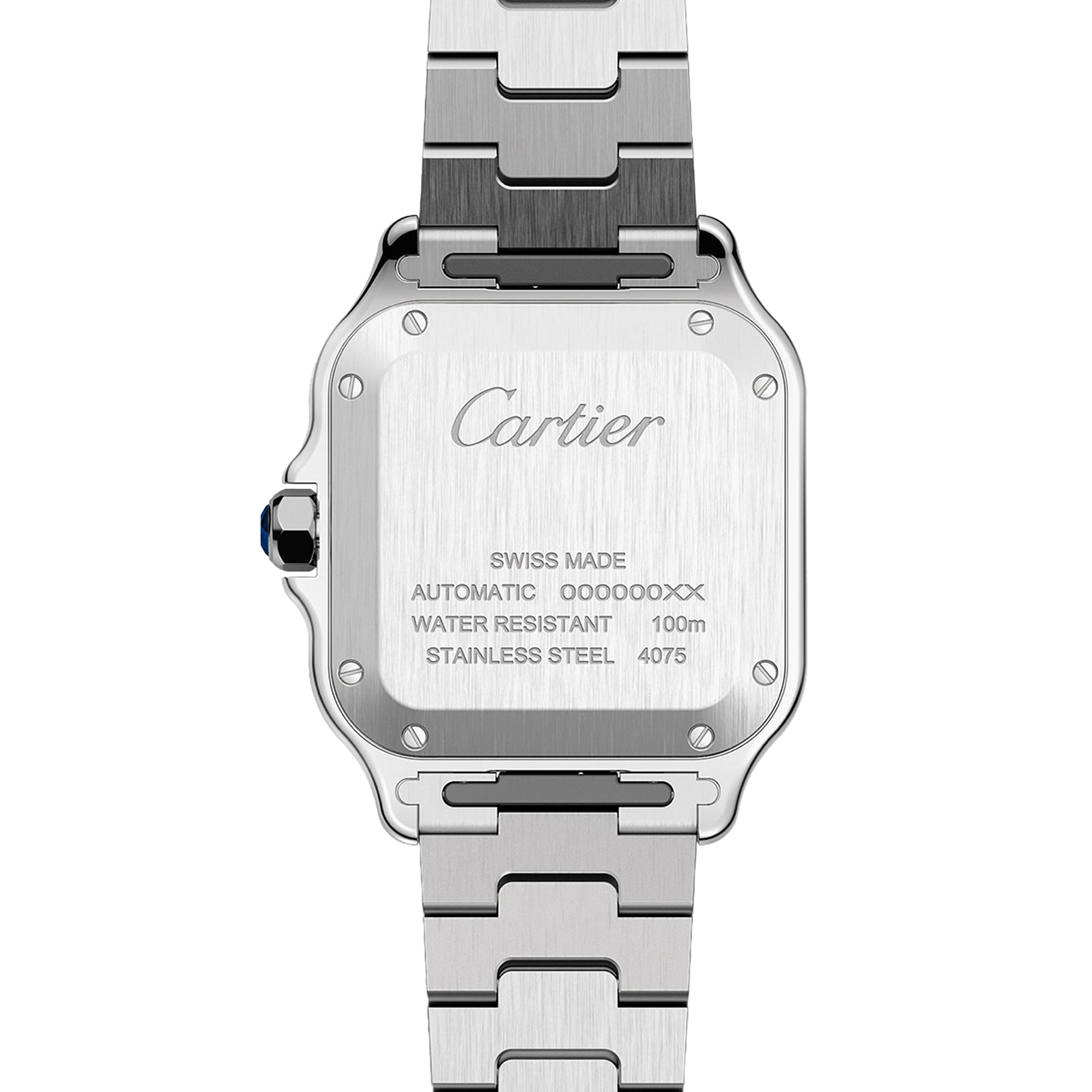 Back view of the Cartier Santos de Cartier watch with a square steel case, engraved brand name, calibre 1847 MC details, and a stainless steel bracelet.