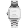 Back view of the Cartier Santos de Cartier watch with a square steel case, engraved brand name, calibre 1847 MC details, and a stainless steel bracelet.