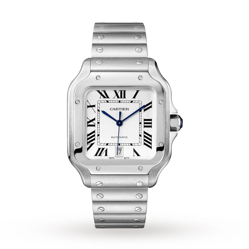 The Santos de Cartier by Cartier is a stainless steel wristwatch featuring Roman numeral markers, blue hands, a date window at 6 o’clock, visible-screw metal bracelet, and a self-winding movement inspired by aviation heritage.