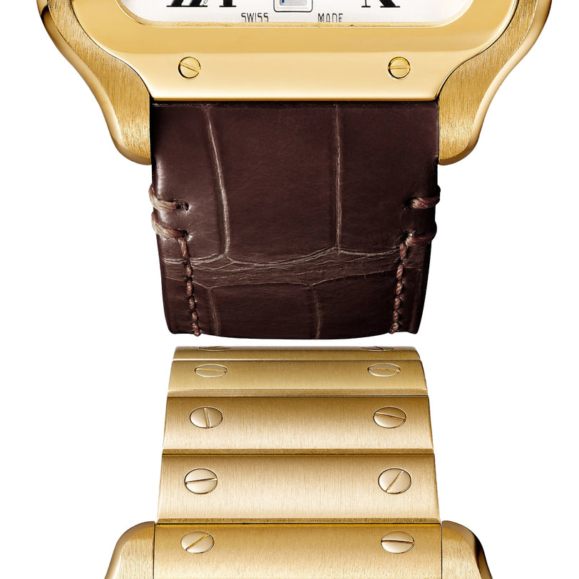 Close-up of the Santos de Cartier by Cartier, showcasing the transition from a brown leather strap to an 18K yellow gold bracelet with signature visible screws.